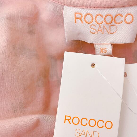 Rococo Sand Mimi Ruffle Trim Long Puff Sleeve Mini Wrap Dress Pink size XS NWT - Picture 10 of 14